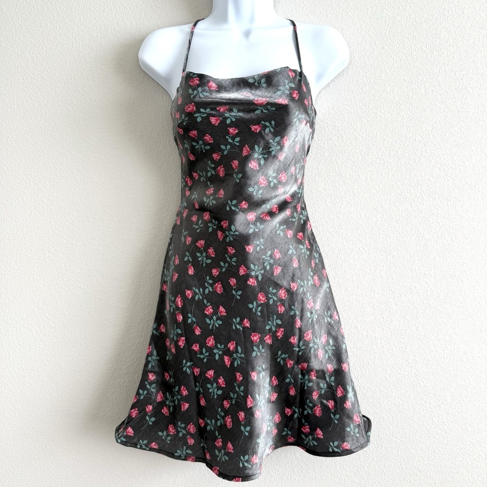 Dark Floral‎ Satin Mini Dress Womens Small Y2K Fairy Whimsigoth Backless Party